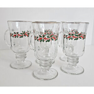 Vintage Libbey Christmas Holly Berry 6" Irish Coffee Cups Gold Rim - Set‎ of 5